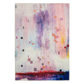 Large Washable Pastel Pink Abstract Living Area Rug 190cm x 280cm