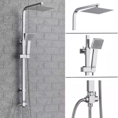 Large Waterfall Chrome Square Dual Shower Head Riser Rail Luxury Bathroom Set