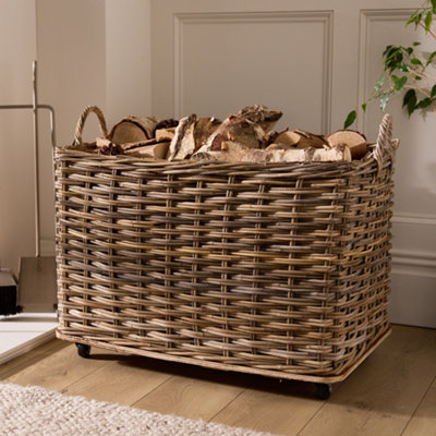 Large Wheeled Lined Indoor Storage, Log Storage Wicker Basket