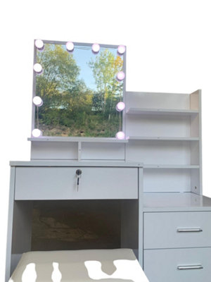 Large White Gloss Dressing Table With LED light Bulbs and Stool