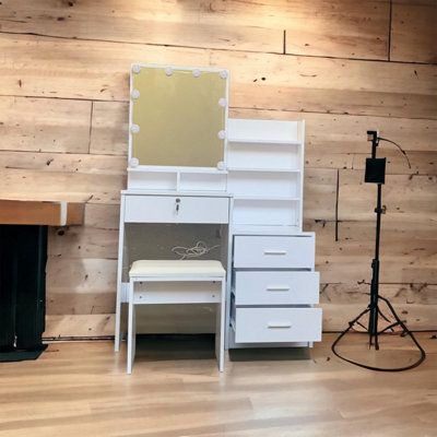 Large White Gloss Dressing Table With LED light Bulbs and Stool
