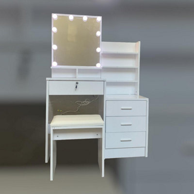 Large White Gloss Dressing Table With LED light Bulbs and Stool