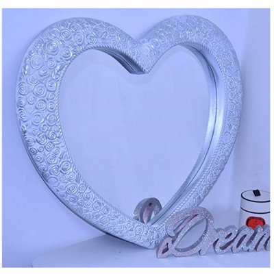 Large White Silver Heart Mirror Antique Style 67x58cm