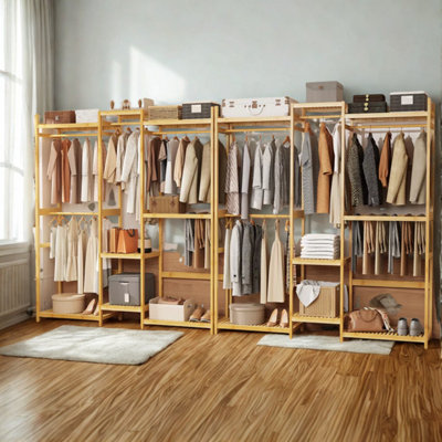 Large Wooden Clothes Rack Open Wardrobe With Storage Shelves