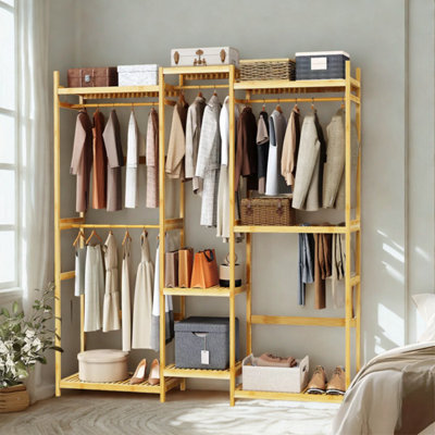 Large Wooden Clothes Rack Open Wardrobe With Storage Shelves