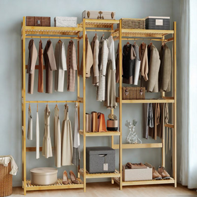 Large Wooden Clothes Rack Open Wardrobe With Storage Shelves