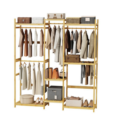 Large Wooden Clothes Rack Open Wardrobe With Storage Shelves