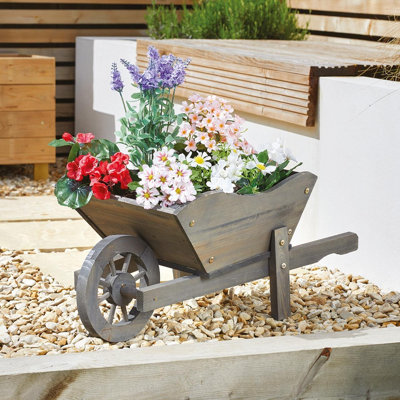 Large Wooden Wheelbarrow Planter - Decorative Pinewood Outdoor