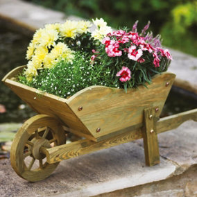 Large Wooden Wheelbarrow Planter - Decorative Pinewood Outdoor Garden Plant Pot with Plastic Liner - H31.5 x W72 x D32cm, Tan