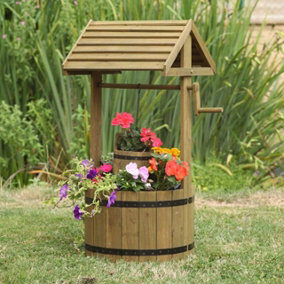 Large Wooden Wishing Well Planter - Decorative Pinewood Outdoor Garden Plant Pot with Plastic Liner - H100 x W60 x D40cm
