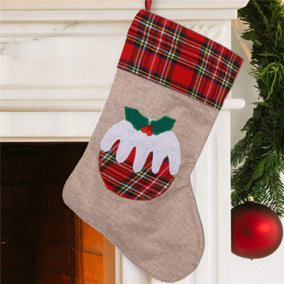 Large Xmas Stocking Printed Pattern Burlap Hessian Linen Sack Sock Hanging Bags Christmas Pudding, 26x25cm