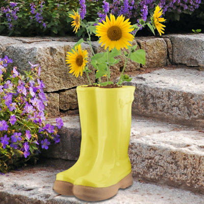 Large Yellow Wellington Boot Indoor Outdoor Garden Planter Flower Pot (H)16cm, (L)24cm