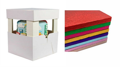 LARRYROO Square Colour Cake Drum & White Box + Lid With 12
