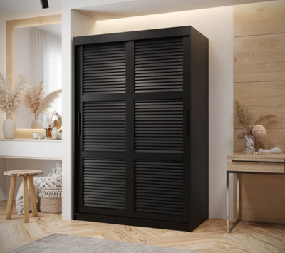 Larvik I Sliding Stylish and Spacious Sliding Wardrobe with Horizontal Slats Design (H2000mm W1000mm D620mm) - Black Matt