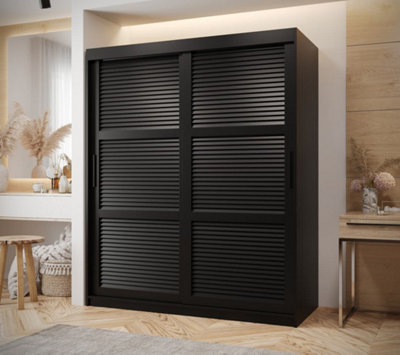 Larvik I Sliding Stylish and Spacious Sliding Wardrobe with Horizontal Slats Design (H2000mm W1500mm D620mm) - Black Matt