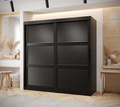 Larvik I Sliding Stylish and Spacious Sliding Wardrobe with Horizontal Slats Design (H2000mm W1800mm D620mm) - Black Matt