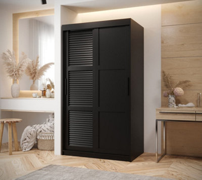 Larvik III Sliding Wardrobe with Horizontal Slats and Panel Doors (H2000mm W1000mm D620mm) - Black Matt