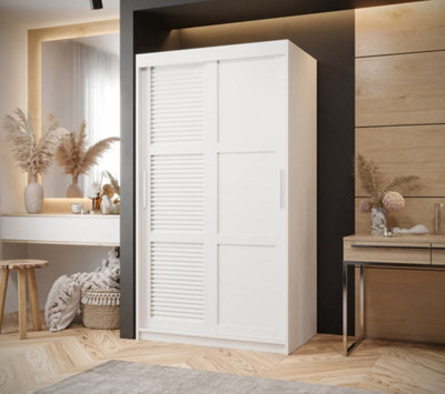 Larvik III Sliding Wardrobe with Horizontal Slats and Panel Doors  (H2000mm W1000mm D620mm) - White Matt