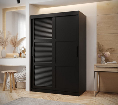 Larvik III Sliding Wardrobe with Horizontal Slats and Panel Doors (H2000mm W1200mm D620mm) - Black Matt