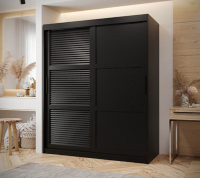 Larvik III Sliding Wardrobe with Horizontal Slats and Panel Doors (H2000mm W1500mm D620mm) - Black Matt