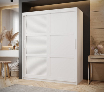 Larvik III Sliding Wardrobe with Horizontal Slats and Panel Doors (H2000mm W1500mm D620mm) - White Matt