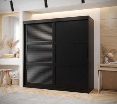 Larvik III Sliding Wardrobe with Horizontal Slats and Panel Doors (H2000mm W1800mm D620mm) - Black Matt