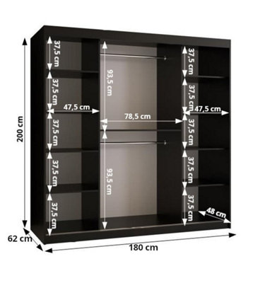 Larvik III Sliding Wardrobe with Horizontal Slats and Panel Doors (H2000mm W1800mm D620mm) - Black Matt