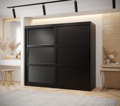 Larvik III Sliding Wardrobe with Horizontal Slats and Panel Doors (H2000mm W2000mm D620mm) - Black Matt