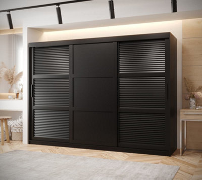 Larvik III Sliding Wardrobe with Horizontal Slats and Panel Doors (H2000mm W2500mm D620mm) - Black Matt