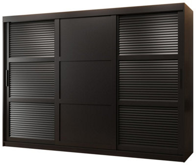 Larvik III Sliding Wardrobe with Horizontal Slats and Panel Doors (H2000mm W2500mm D620mm) - Black Matt