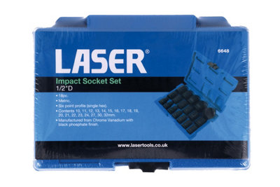Laser 6648 18pc Impact Socket Set 1/2" Drive 10-32mm 6pt in Case