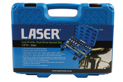 Laser 7103 24pc Low Profile Dual Drive Socket & Accessory Set 1/2" Drive