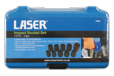 Laser 7609 10pc Impact Socket Set 1/2" Drive Bi-Hex 12pt 13-24mm