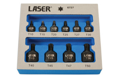 Laser Tools 6727 10pc Low Profile Impact Torx/Star Socket Bit Set 1/4"D, 3/8"D