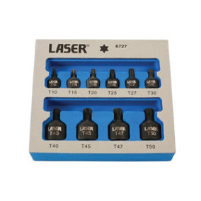 Laser Tools 6727 10pc Low Profile Impact Torx/Star Socket Bit Set 1/4"D, 3/8"D