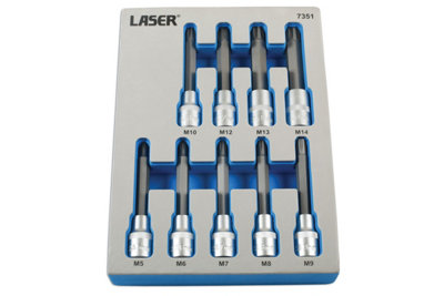 Laser Tools 7351 9pc Tamperproof Ribe Socket Bit Set 1/2" Dr M5 to M14