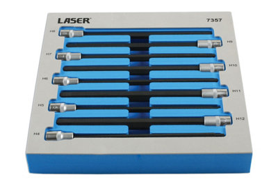 Laser Tools 7357 9pc Extra Long Hex Socket Bit Set 3/8"D 4 - 12mm (Length 200mm)