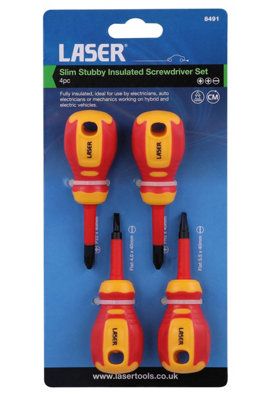 Laser Tools 8491 4pc Slim Stubby Insulated Screwdriver Set Mixed Profile