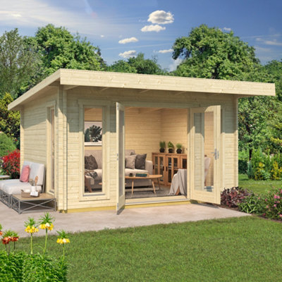 Lasita Bingham 2 Log Cabin Pent Summer House - 3.99m x 3.09m - Modern Garden Summer House - Double Glazed
