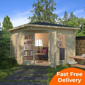 Lasita Eastleigh Corner Log Cabin - 2.8m x 2.8m - Compact Corner Summer House with Column Windows