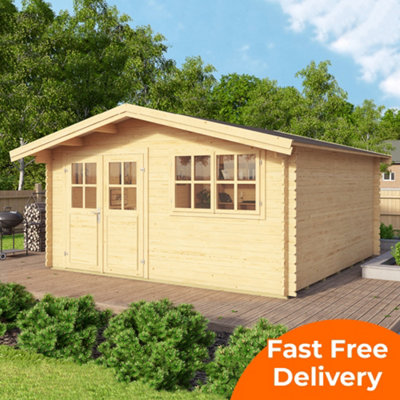 Lasita Isar Traditional Log Cabin - 3.9m x 3.8m - Apex Garden Summer House with Double Door