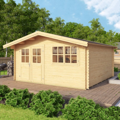 Lasita Isar Traditional Log Cabin - 3.9m x 3.8m - Apex Garden Summer House with Double Door - 4