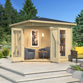 Lasita Oswestry Corner Log Cabin - 2.4m x 2.4m - Compact Corner Summer House with Column Windows