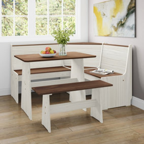 Latham Corner Dining Set Kitchen Table Diner Set L Shaped Diner Trestle Table and Bench, White With Dark Brown Top