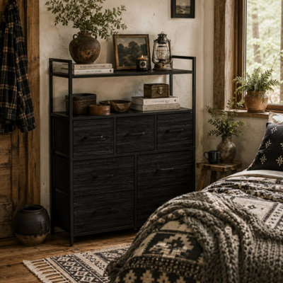 Latoli Lino 7-Drawer Fabric and Wood Chest, Black Rustic Industrial ...