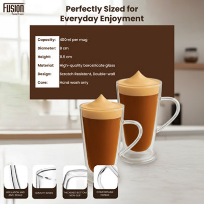 Latte Glasses Double Wall Glass Mugs 400ml 2 Pack Borosilicate Coffee Glass  Cups Insulated Coffee Tea