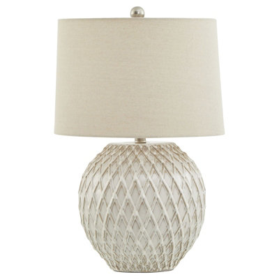 Lattice Table Lamp with Linen Shade - Ceramic - L38 x W38 x H58 cm - White