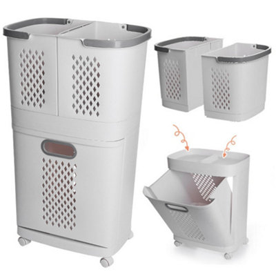 Laundry Basket 2 Tier 3 Section Laundry Hamper Sorter Divided Clothes Storage Organizer on Wheels