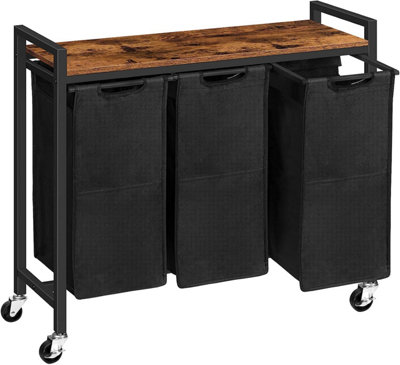 LINZINAR 3 Bag Laundry Basket Sorter Cart With Storage Shelf, Black