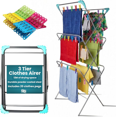 Laundry Mate Extendable Clothes Airer with 20 Pegs 3 Tier Foldable ...
